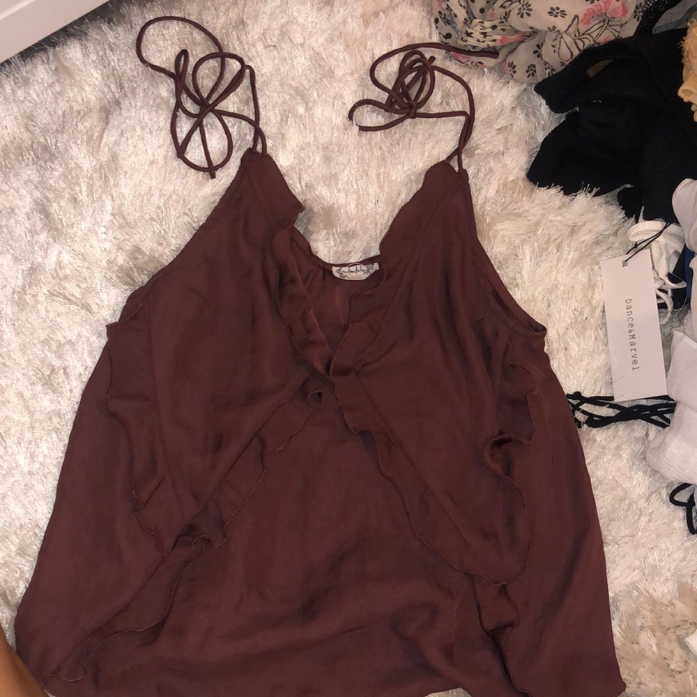 Maroon Free People Silk Ruffle Tank